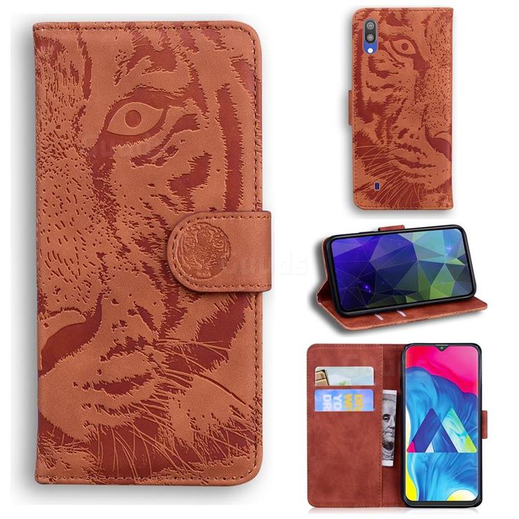 Intricate Embossing Tiger Face Leather Wallet Case for Samsung Galaxy A10 - Brown