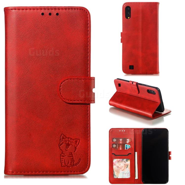 Embossing Happy Cat Leather Wallet Case for Samsung Galaxy A10 - Red