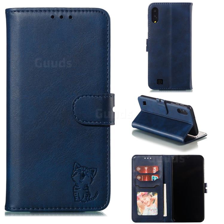 Embossing Happy Cat Leather Wallet Case for Samsung Galaxy A10 - Blue
