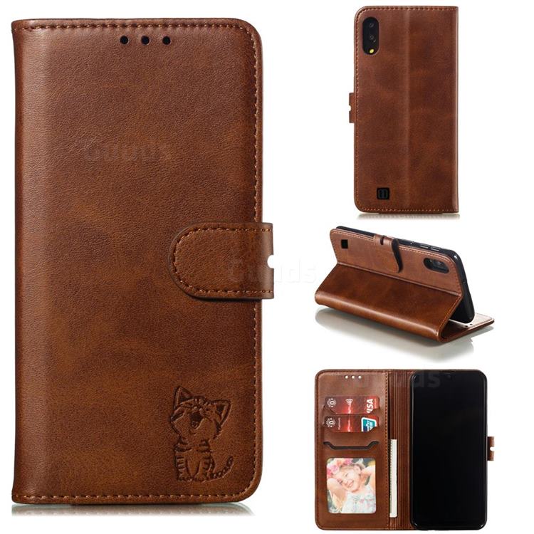 Embossing Happy Cat Leather Wallet Case for Samsung Galaxy A10 - Brown