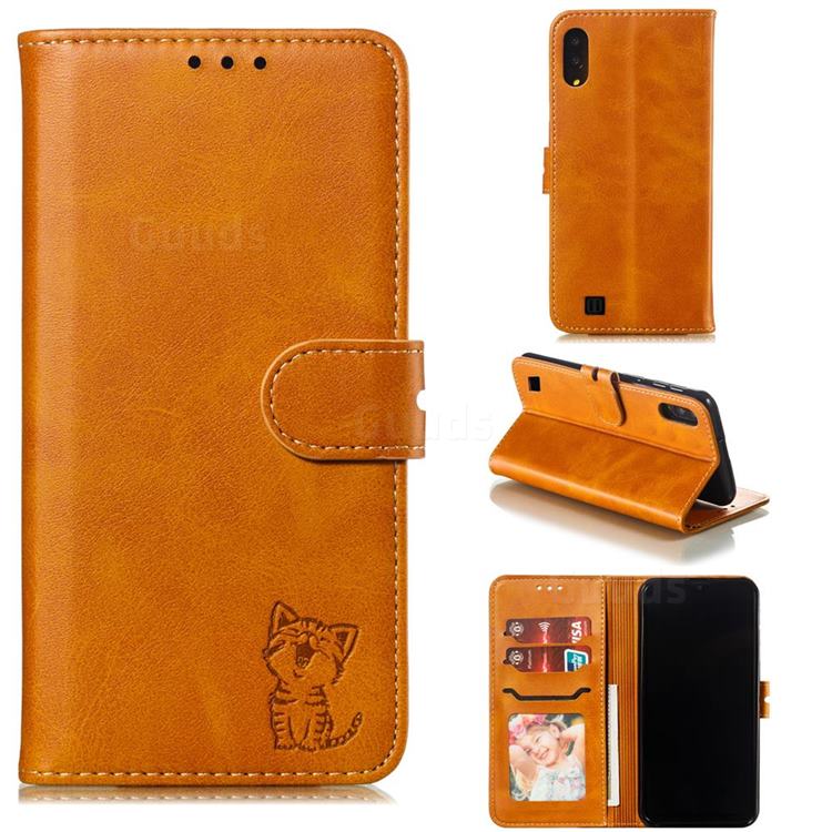 Embossing Happy Cat Leather Wallet Case for Samsung Galaxy A10 - Yellow