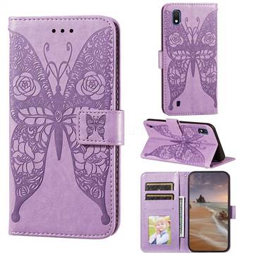 Intricate Embossing Rose Flower Butterfly Leather Wallet Case for Samsung Galaxy A10 - Purple