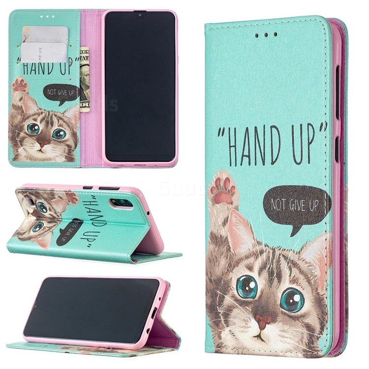 Hand Up Cat Slim Magnetic Attraction Wallet Flip Cover for Samsung Galaxy A10