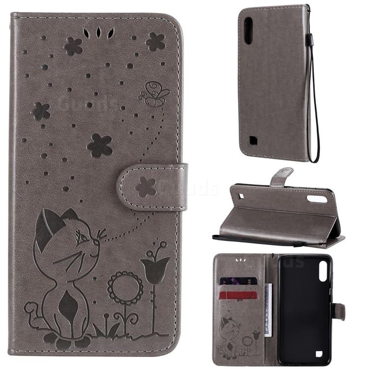 Embossing Bee and Cat Leather Wallet Case for Samsung Galaxy A10 - Gray