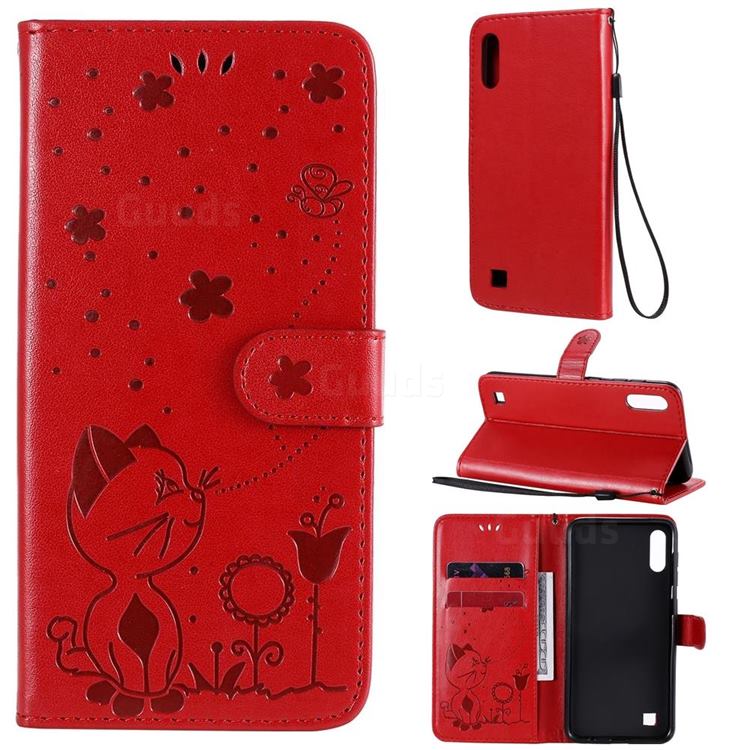 Embossing Bee and Cat Leather Wallet Case for Samsung Galaxy A10 - Red