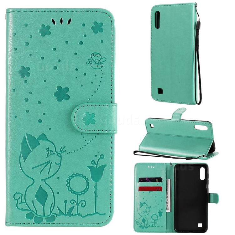 Embossing Bee and Cat Leather Wallet Case for Samsung Galaxy A10 - Green