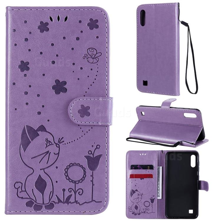 Embossing Bee and Cat Leather Wallet Case for Samsung Galaxy A10 - Purple