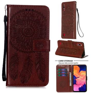 Embossing Dream Catcher Mandala Flower Leather Wallet Case for Samsung Galaxy A10 - Brown
