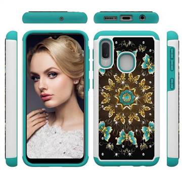 Golden Butterflies Studded Rhinestone Bling Diamond Shock Absorbing Hybrid Defender Rugged Phone Case Cover for Samsung Galaxy A10e
