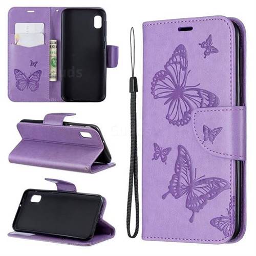 Embossing Double Butterfly Leather Wallet Case for Samsung Galaxy A10e - Purple