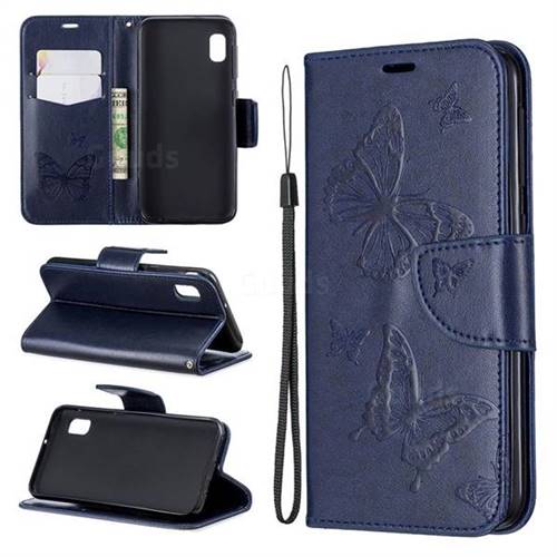 Embossing Double Butterfly Leather Wallet Case for Samsung Galaxy A10e - Dark Blue