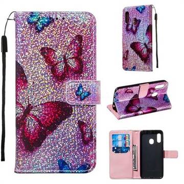 Blue Butterfly Sequins Painted Leather Wallet Case for Samsung Galaxy A10e