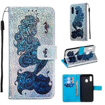 Mermaid Seahorse Sequins Painted Leather Wallet Case for Samsung Galaxy A10e