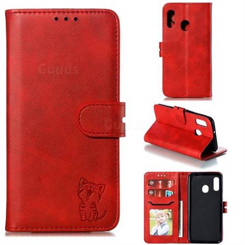 Embossing Happy Cat Leather Wallet Case for Samsung Galaxy A10e - Red