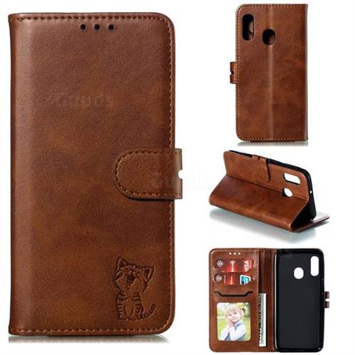 Embossing Happy Cat Leather Wallet Case for Samsung Galaxy A10e - Brown