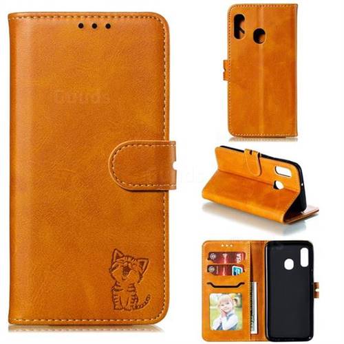 Embossing Happy Cat Leather Wallet Case for Samsung Galaxy A10e - Yellow