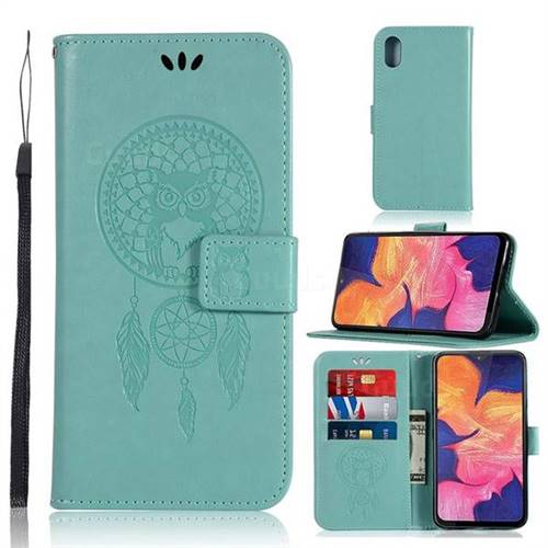 Intricate Embossing Owl Campanula Leather Wallet Case for Samsung Galaxy A10e - Green