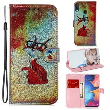 Glasses Fox Laser Shining Leather Wallet Phone Case for Samsung Galaxy A10e