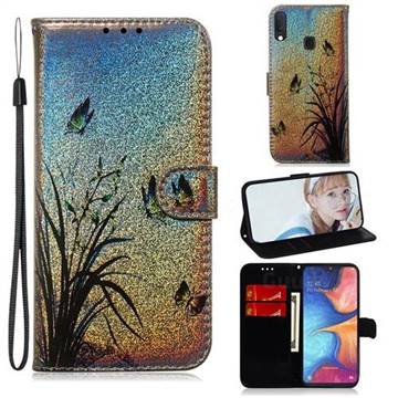 Butterfly Orchid Laser Shining Leather Wallet Phone Case for Samsung Galaxy A10e