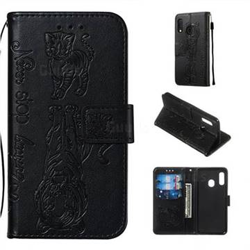 Embossing Tiger and Cat Leather Wallet Case for Samsung Galaxy A10e - Black