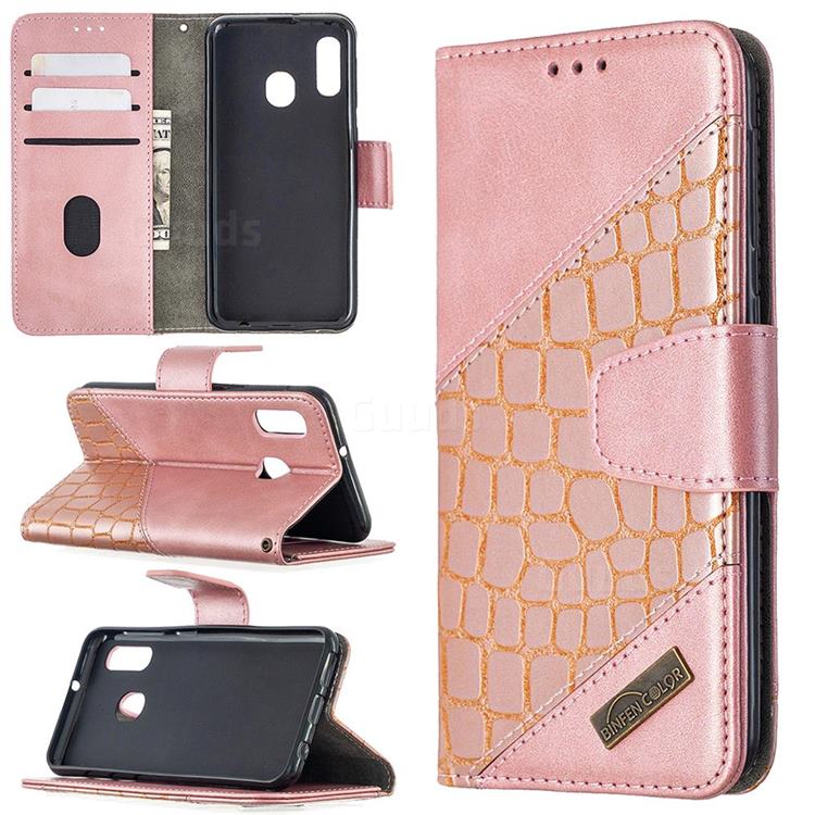 BinfenColor BF04 Color Block Stitching Crocodile Leather Case Cover for Samsung Galaxy A10e - Rose Gold