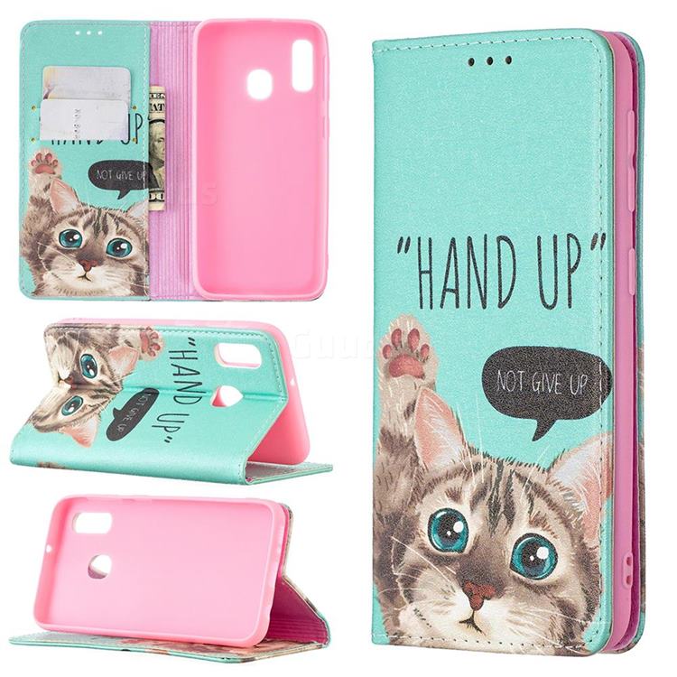 Hand Up Cat Slim Magnetic Attraction Wallet Flip Cover for Samsung Galaxy A10e