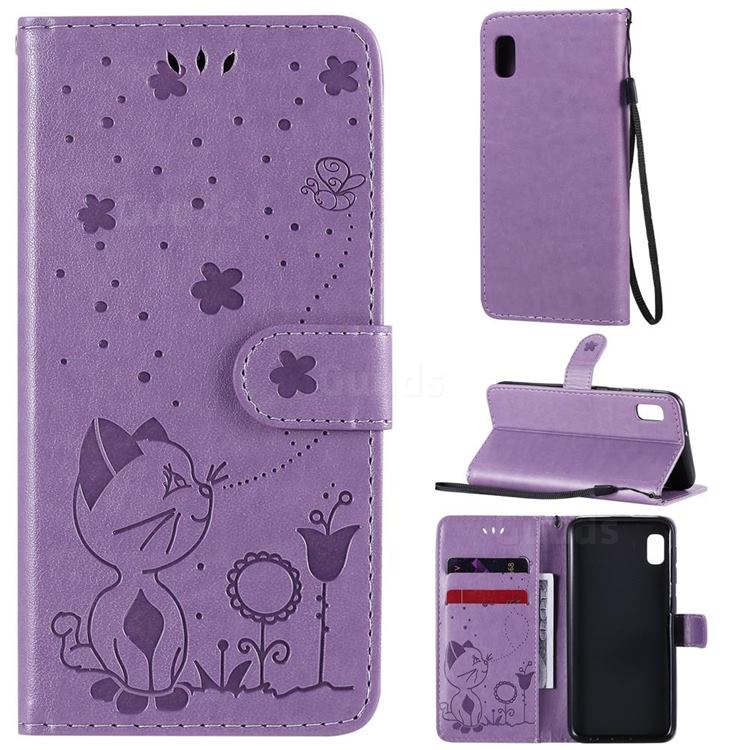 Embossing Bee and Cat Leather Wallet Case for Samsung Galaxy A10e - Purple