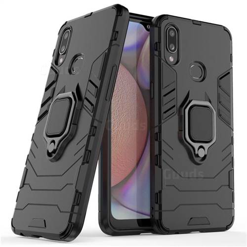 Black Panther Armor Metal Ring Grip Shockproof Dual Layer Rugged Hard Cover for Samsung Galaxy A10s - Black