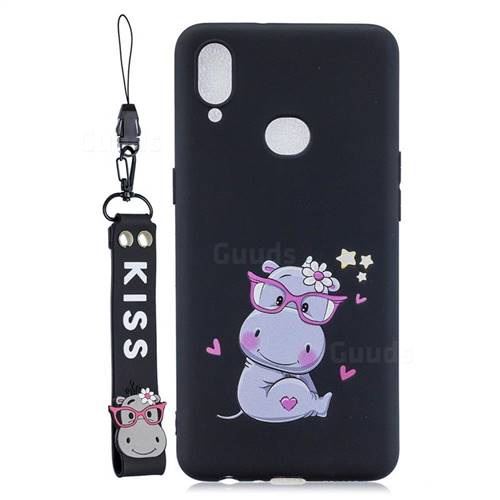 Black Flower Hippo Soft Kiss Candy Hand Strap Silicone Case for Samsung Galaxy A10s