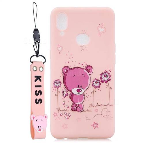 Pink Flower Bear Soft Kiss Candy Hand Strap Silicone Case for Samsung Galaxy A10s