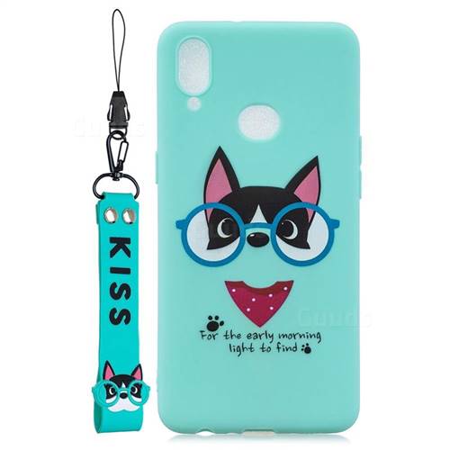 Green Glasses Dog Soft Kiss Candy Hand Strap Silicone Case for Samsung Galaxy A10s