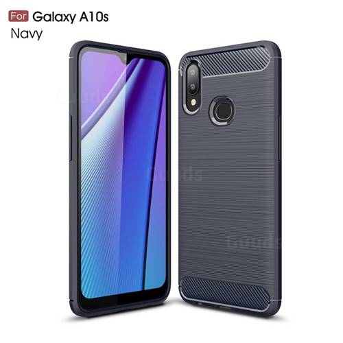 Luxury Carbon Fiber Brushed Wire Drawing Silicone TPU Back Cover for Samsung Galaxy A10s - Navy