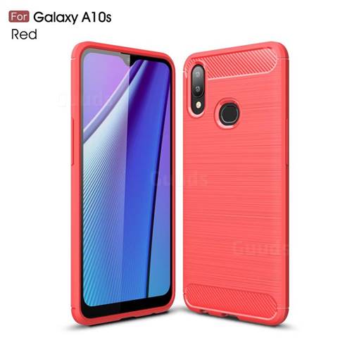 Luxury Carbon Fiber Brushed Wire Drawing Silicone TPU Back Cover for Samsung Galaxy A10s - Red