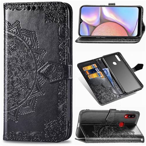 Embossing Imprint Mandala Flower Leather Wallet Case for Samsung Galaxy A10s - Black