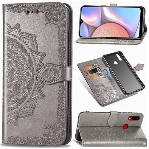 Embossing Imprint Mandala Flower Leather Wallet Case for Samsung Galaxy A10s - Gray