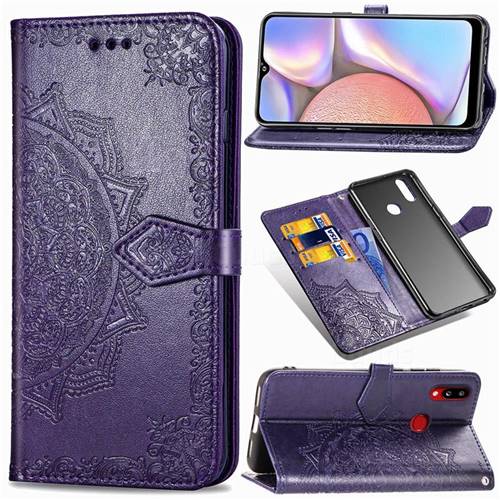 Embossing Imprint Mandala Flower Leather Wallet Case for Samsung Galaxy A10s - Purple