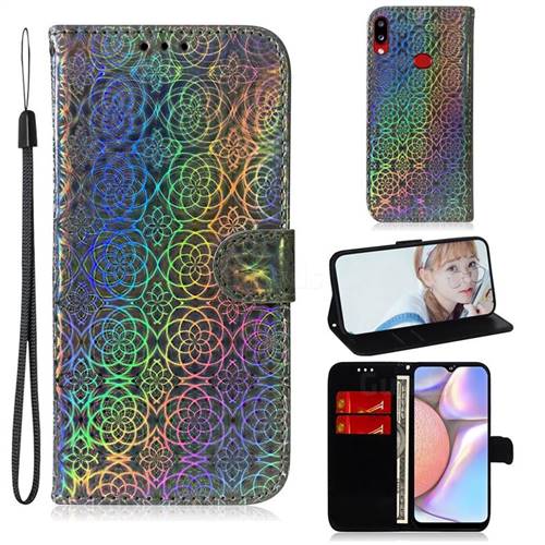 Laser Circle Shining Leather Wallet Phone Case for Samsung Galaxy A10s - Silver