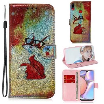 Glasses Fox Laser Shining Leather Wallet Phone Case for Samsung Galaxy A10s