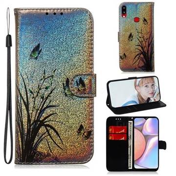 Butterfly Orchid Laser Shining Leather Wallet Phone Case for Samsung Galaxy A10s