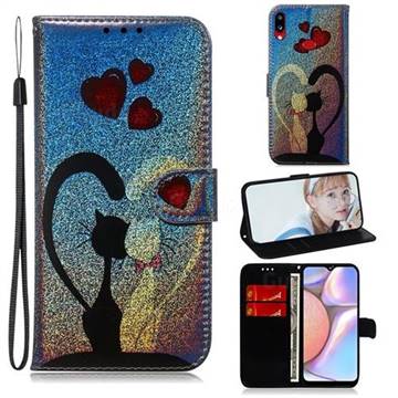 Love Cat Laser Shining Leather Wallet Phone Case for Samsung Galaxy A10s