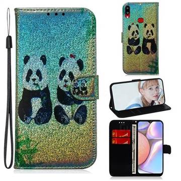 Two Pandas Laser Shining Leather Wallet Phone Case for Samsung Galaxy A10s