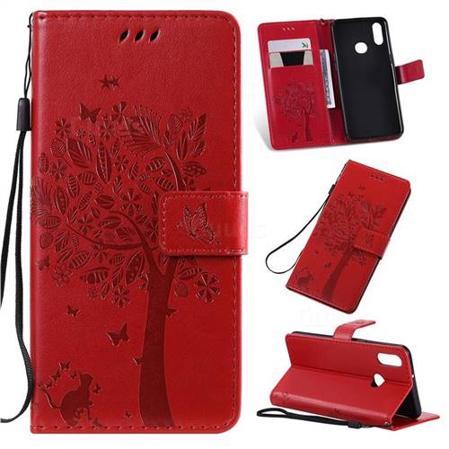 Embossing Butterfly Tree Leather Wallet Case for Samsung Galaxy A10s - Red