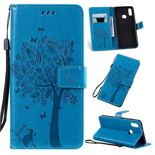 Embossing Butterfly Tree Leather Wallet Case for Samsung Galaxy A10s - Blue
