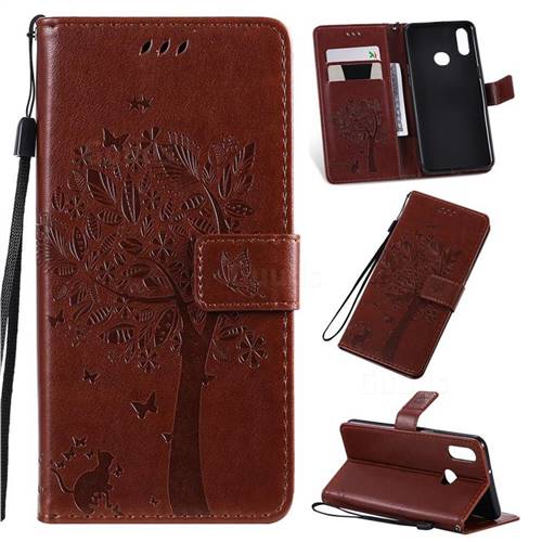Embossing Butterfly Tree Leather Wallet Case for Samsung Galaxy A10s - Coffee