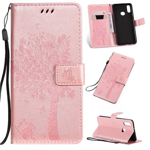 Embossing Butterfly Tree Leather Wallet Case for Samsung Galaxy A10s - Rose Pink