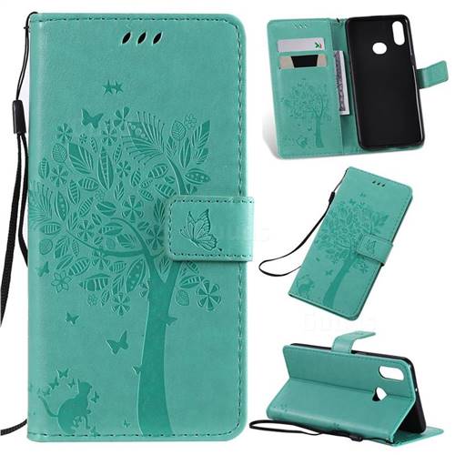 Embossing Butterfly Tree Leather Wallet Case for Samsung Galaxy A10s - Cyan