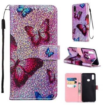 Blue Butterfly Sequins Painted Leather Wallet Case for Samsung Galaxy A10s