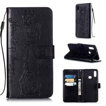 Embossing Tiger and Cat Leather Wallet Case for Samsung Galaxy A10s - Black