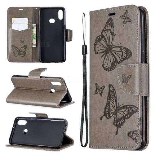 Embossing Double Butterfly Leather Wallet Case for Samsung Galaxy A10s - Gray
