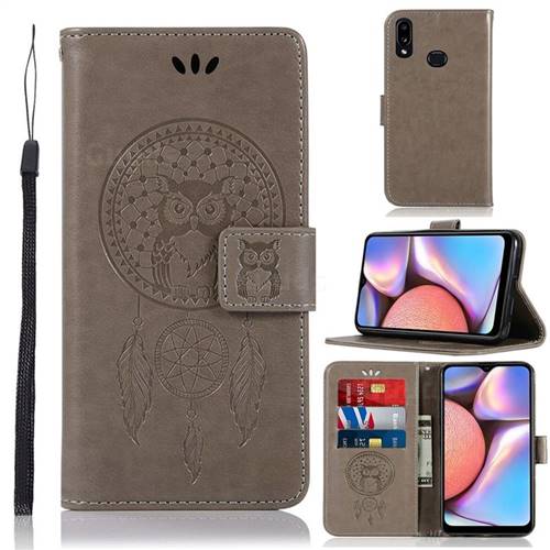 Intricate Embossing Owl Campanula Leather Wallet Case for Samsung Galaxy A10s - Grey